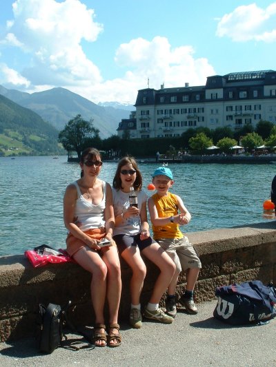 Family with the Grand Hotel in the background